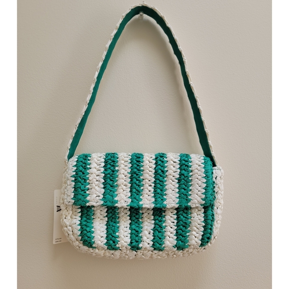 Anthropologie STRIPED RAFFIA SHOULDER BAG IN Green - Picture 2 of 5